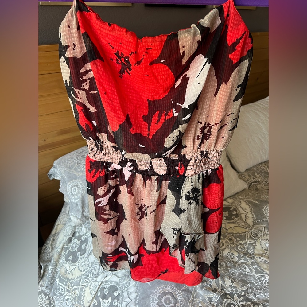 Guess Red and Neutral Maxi Sundress with Cinched Waist and Strapless top